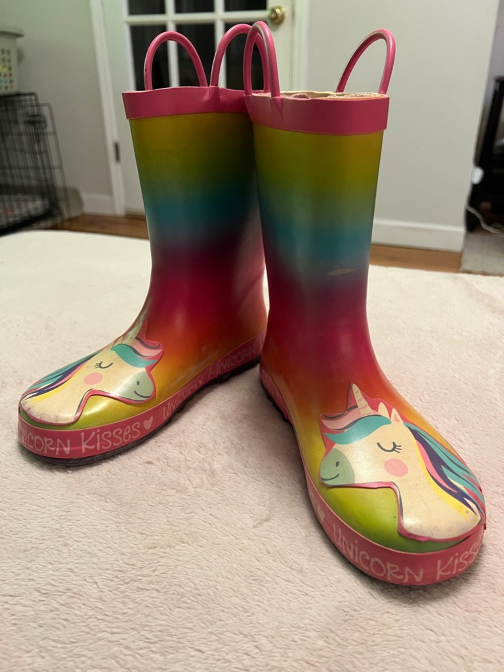 Children's Rainbow Unicorn Rain Boots - Pink Trim